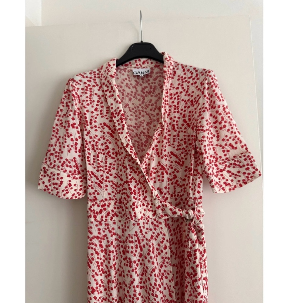 Ganni Red and White Puff Sleeve Midi Sundress